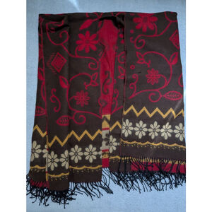 Womens Unbranded Brown Red Floral Fringe Poncho Reversible One Size Western Soft